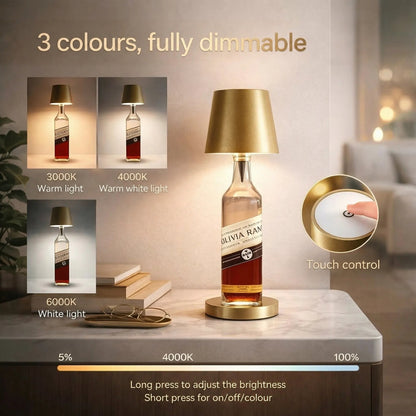 Gold-shaded lamp on a bottle beside three light temperature examples and a close-up of the touch control 2