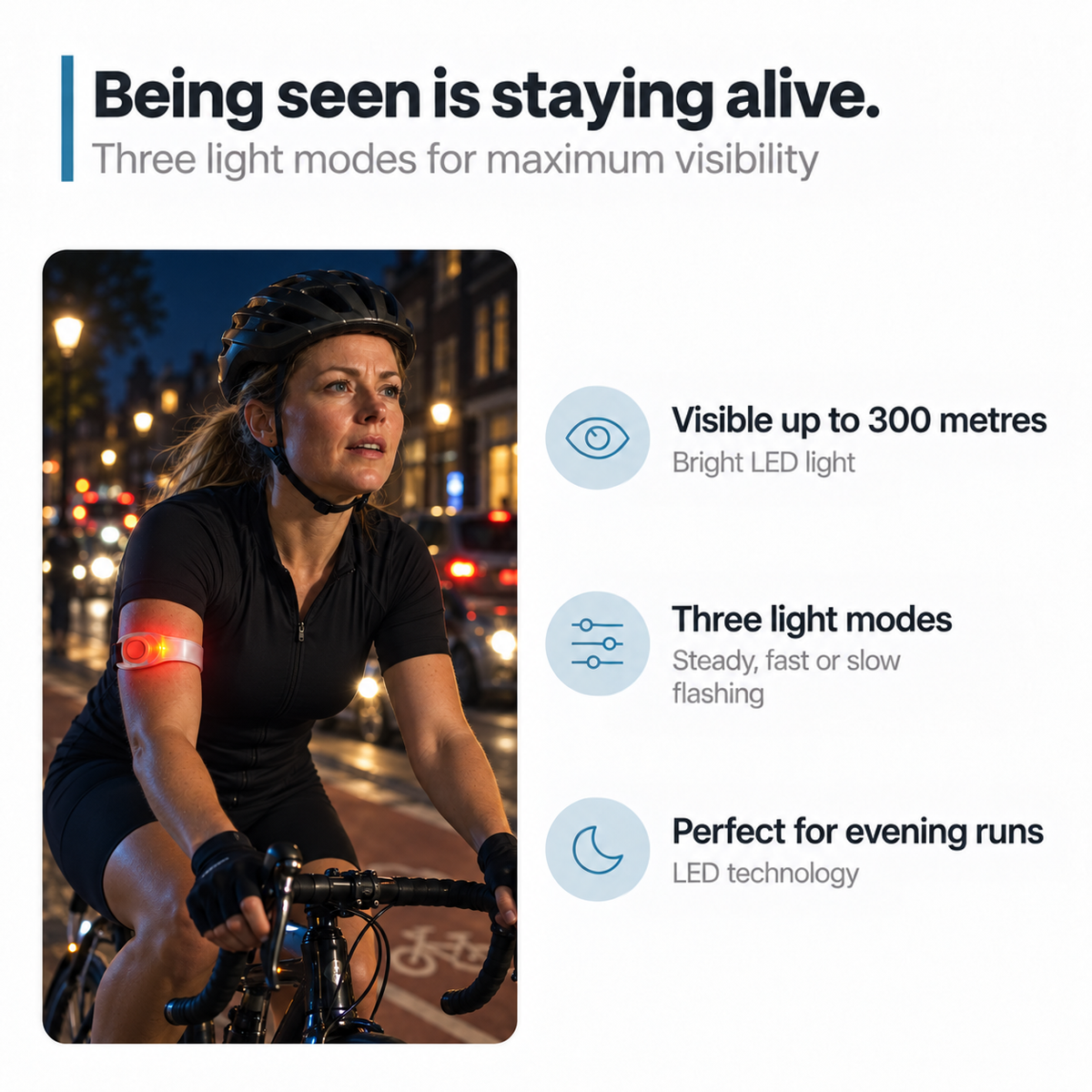 Woman cycling at night in a helmet, wearing the armband glowing red, beside a list of features 3