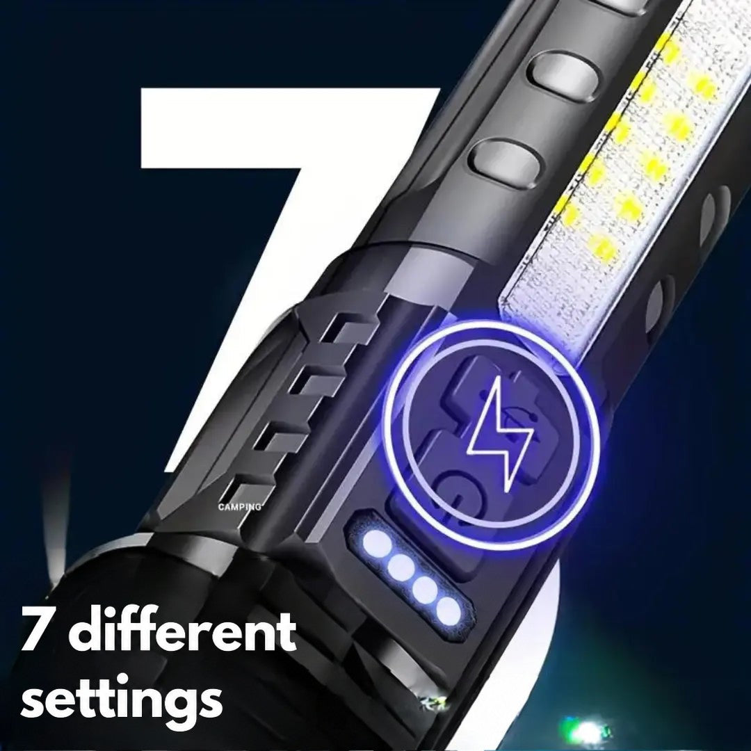 Close-up of the side light panel, power button and four-dot battery indicator, with a charging symbol highlighted 4