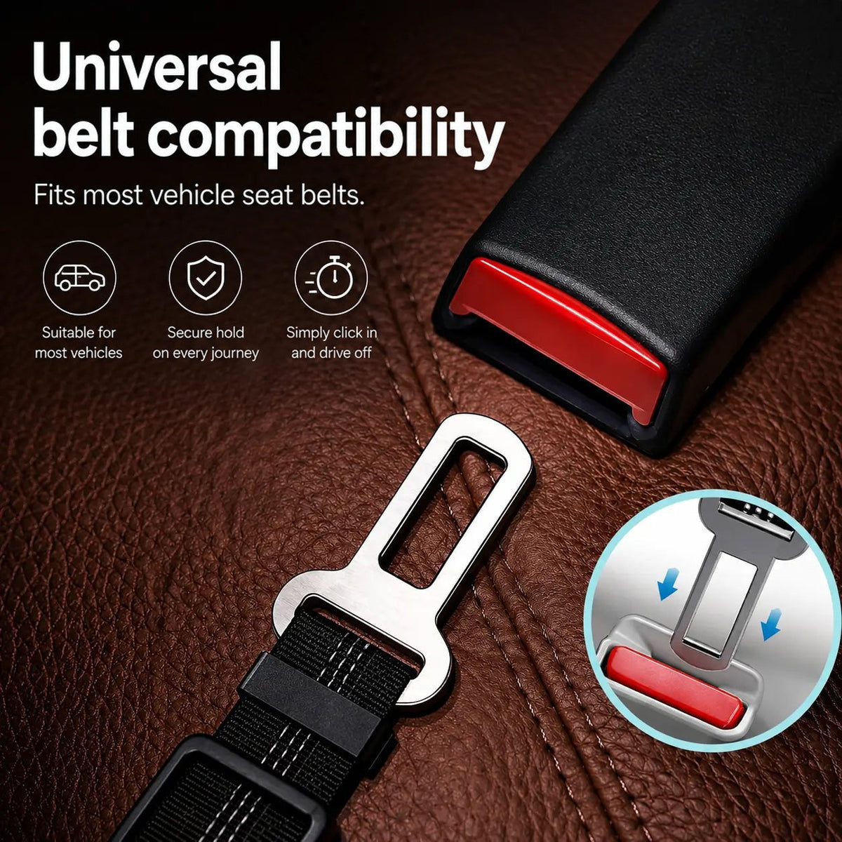Metal seat belt clip on a black strap about to click into a car buckle, with close-up inset 5