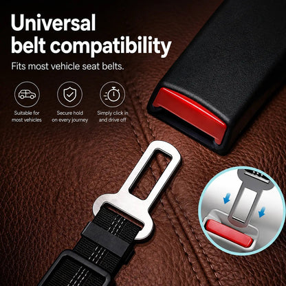 Metal seat belt clip on a black strap about to click into a car buckle, with close-up inset 5