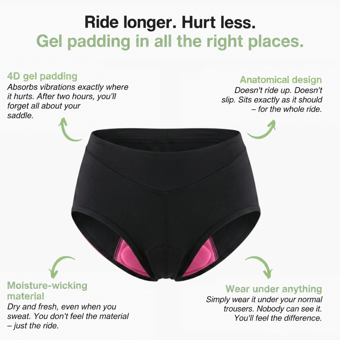 Black briefs shown flat with pink padding visible inside, surrounded by four feature callouts 3