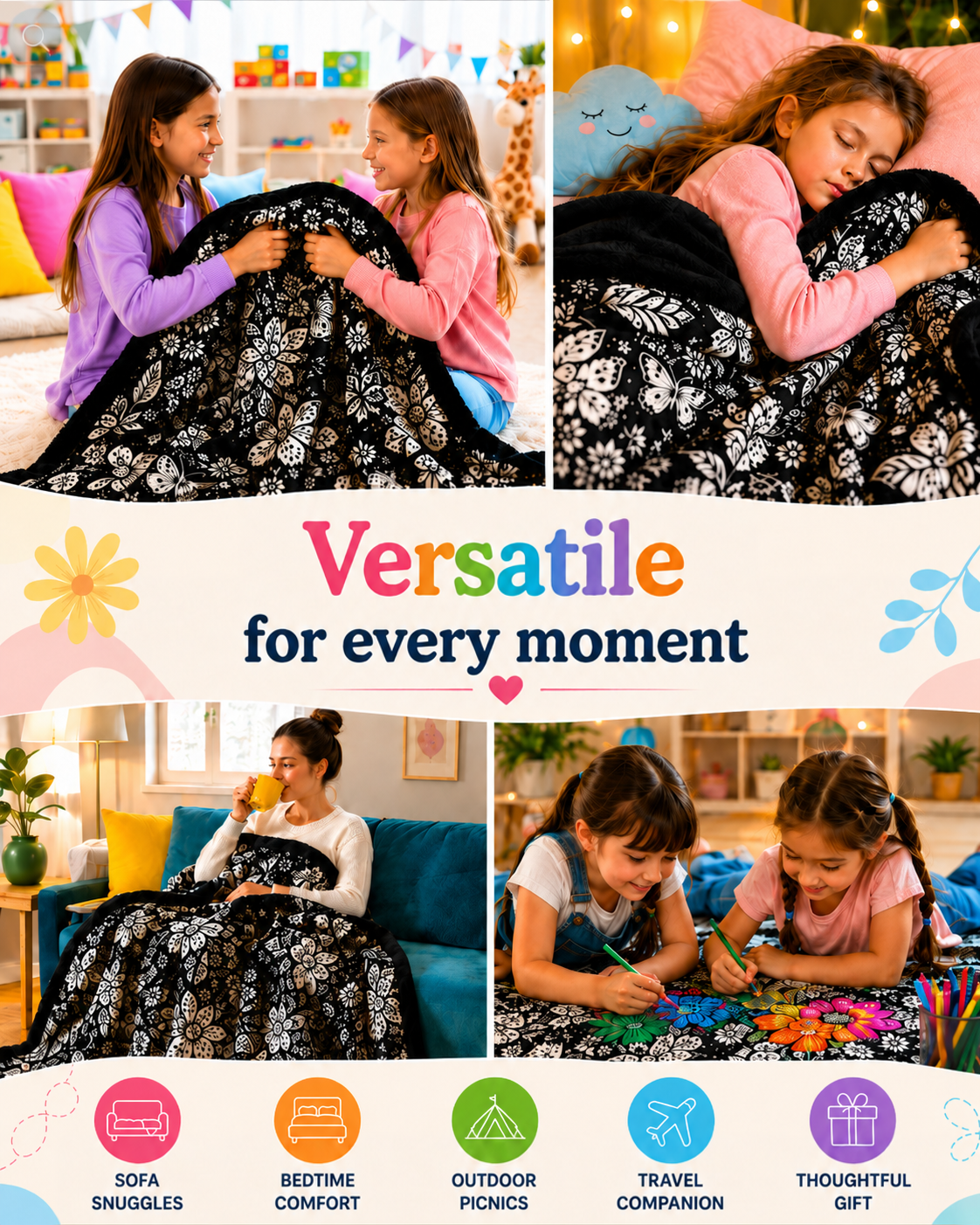 Collage of the blanket in use: children playing, a girl sleeping, a woman on a sofa, girls colouring 5