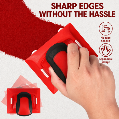 Hand gripping the edger's black handle, guiding it along a freshly painted red edge 3