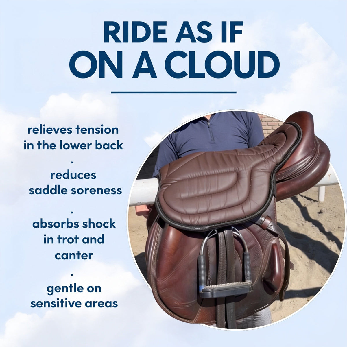 Brown padded cushion lying on a brown jumping saddle held up by a rider in a navy top 4
