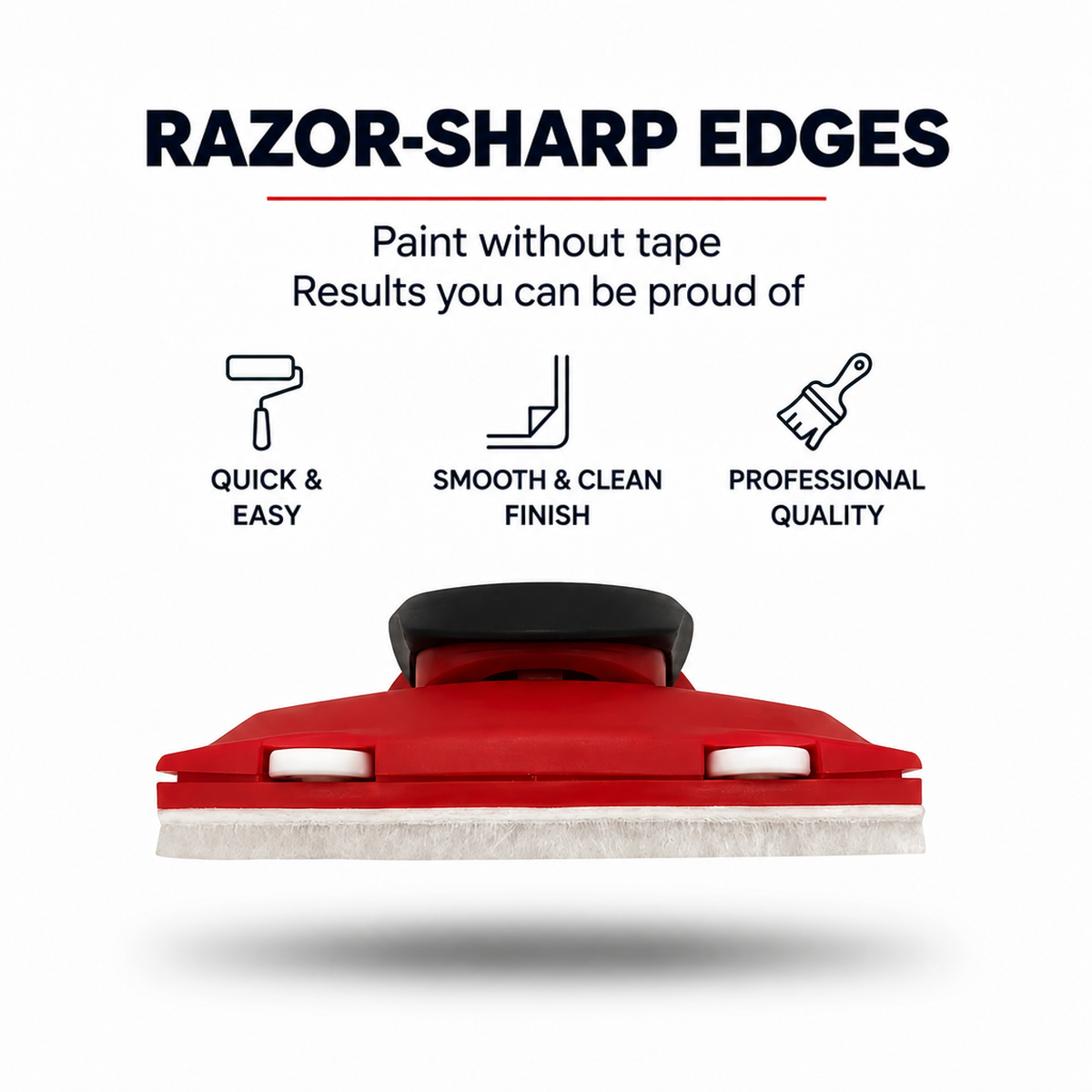 Red paint edger with black handle and white felt pad, seen from the front 1