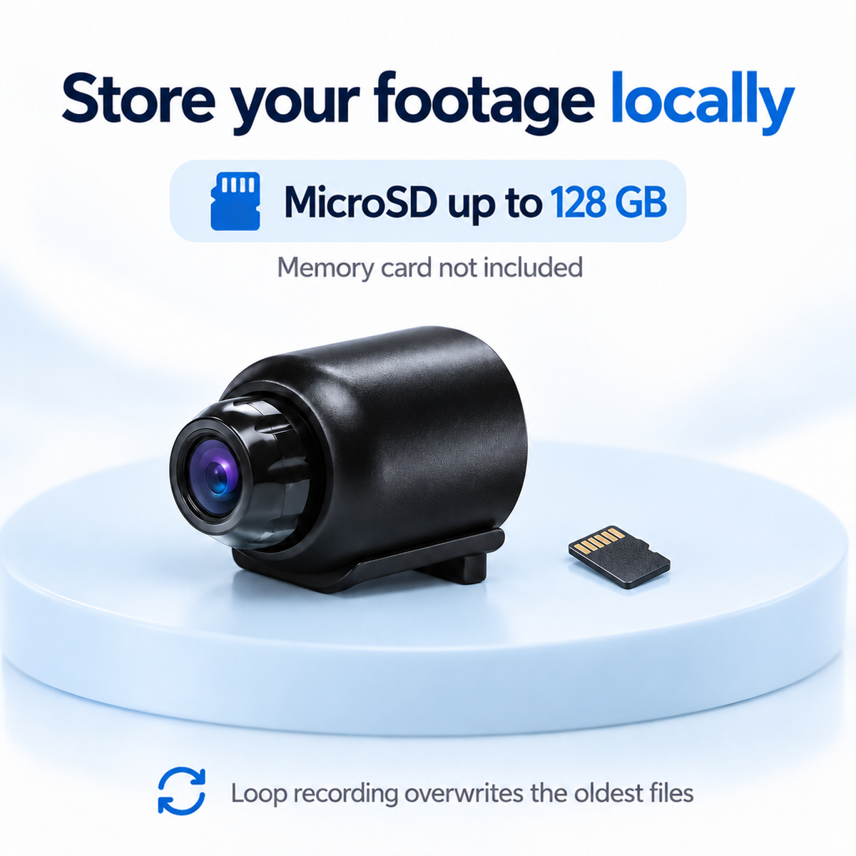 Black camera on a pale blue stand next to a loose microSD memory card 4