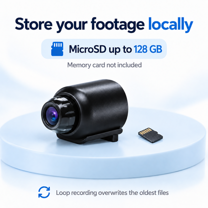 Black camera on a pale blue stand next to a loose microSD memory card 4