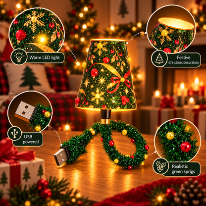 Lamp on a wooden table with four close-up circles showing its warm glow, shade decoration, USB plug and green tinsel cable. 7