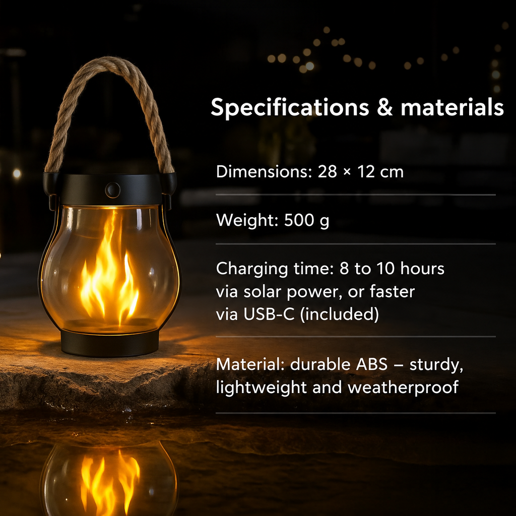 Single lit lantern with rope handle beside a dark panel listing its size, weight, charging time and material 2