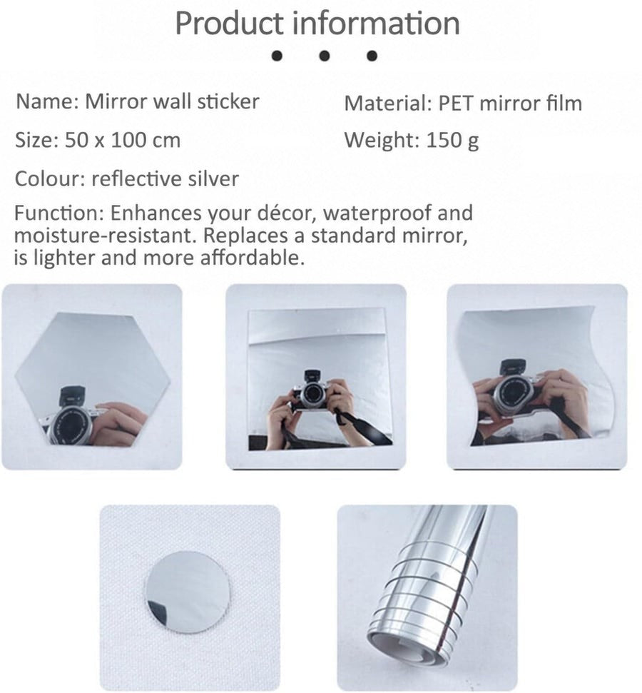 Product information panel with a camera reflected in hexagon, square and wavy mirror cut-outs, plus a small circle and the 8