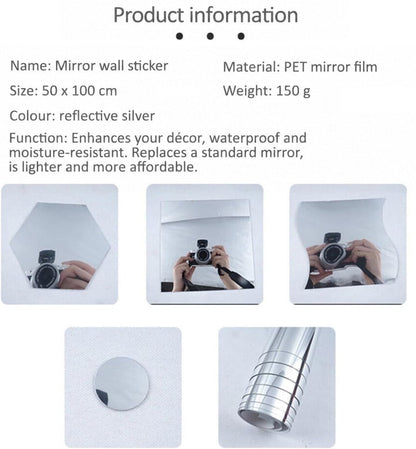Product information panel with a camera reflected in hexagon, square and wavy mirror cut-outs, plus a small circle and the 8
