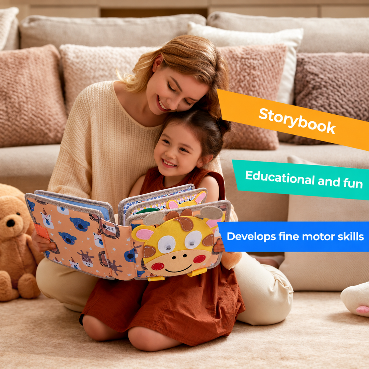 Woman and smiling girl on a sofa looking through the open giraffe-cover felt book together 6