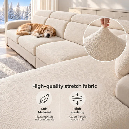 Cream textured covers on a sofa with a sleeping dog, plus a close-up of the stretchy fabric 3