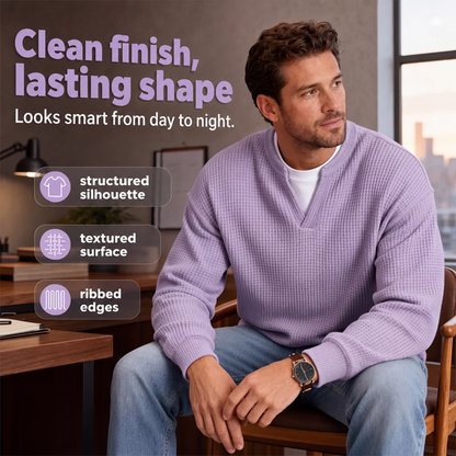 Man seated at a desk in the lilac waffle knit top, looking aside, with icons highlighting silhouette, texture and ribbed edges. 6
