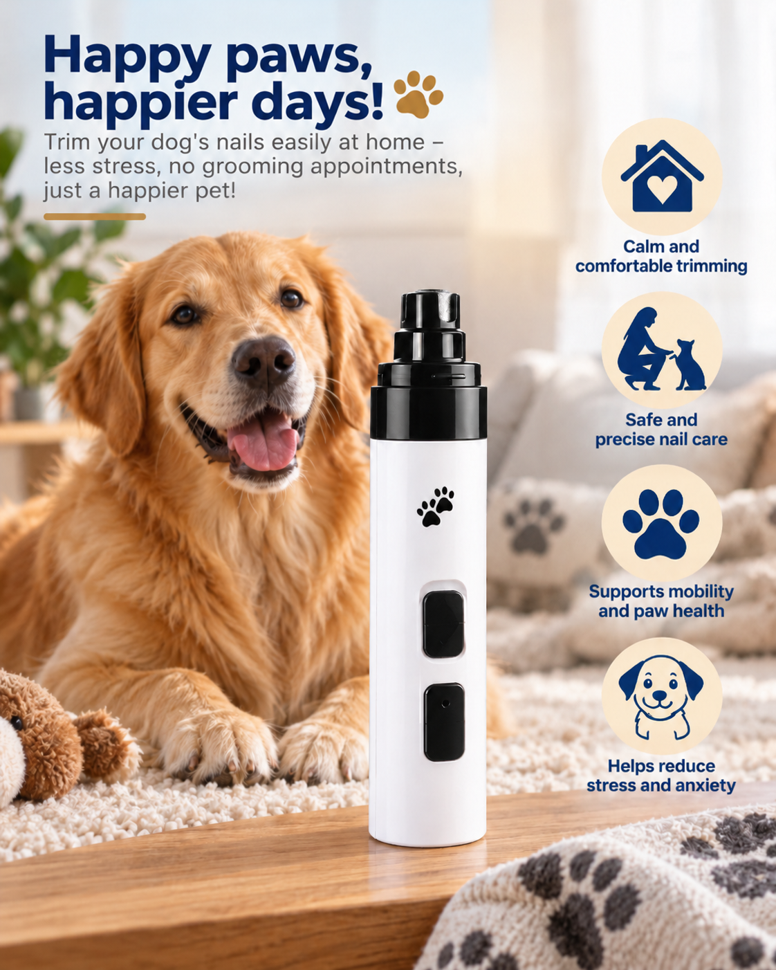 Grinder standing beside a smiling golden retriever on a rug, with four benefit icons at the side 5