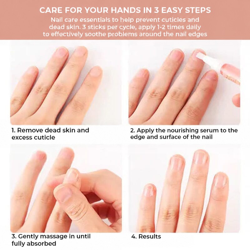 Four-step guide showing hands as dead skin is removed, oil applied, massaged in, and the result 5