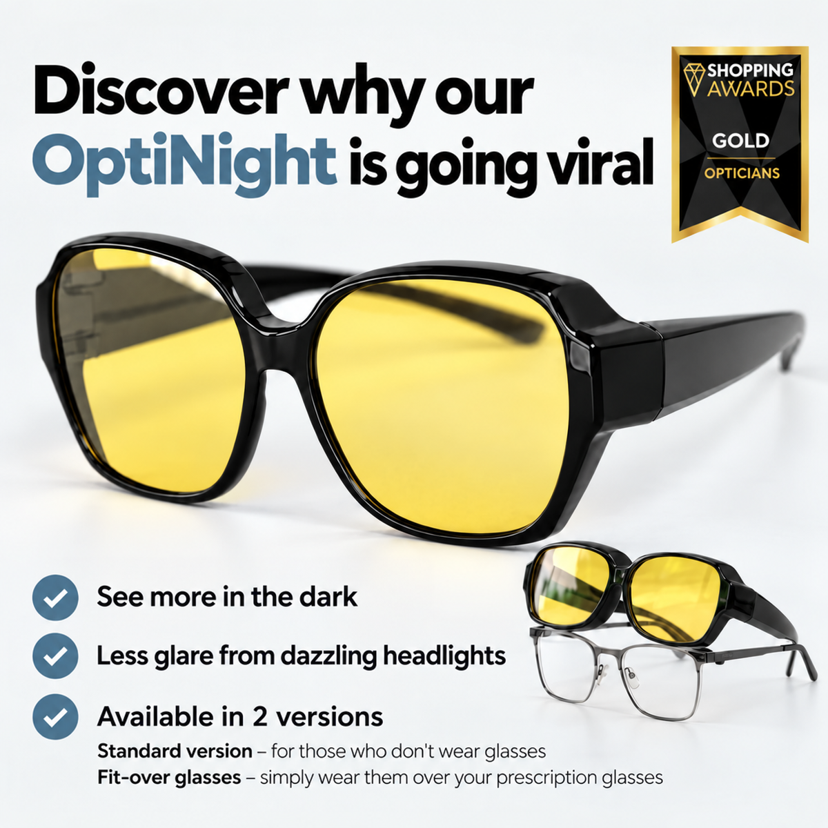 Large black fit-over glasses with yellow lenses, plus a smaller pair resting over ordinary spectacles to show how they fit. 4