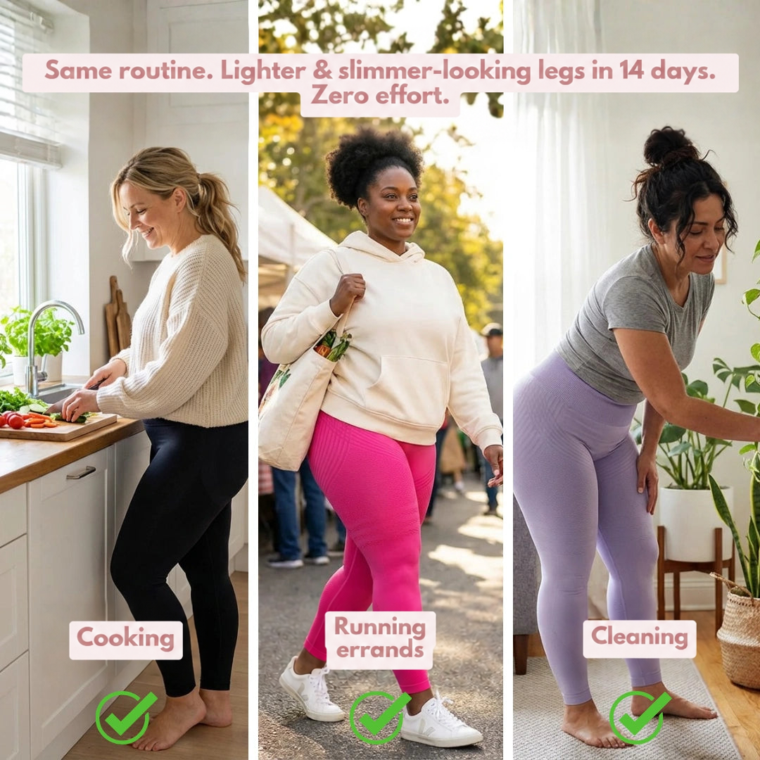 Three women in black, pink and lilac leggings cooking, shopping and cleaning in everyday settings. 15