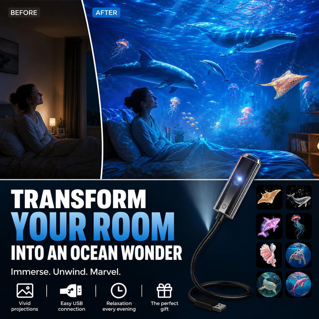Before-and-after bedroom scene with ocean creatures projected on the walls, plus the black projector and its slides 1