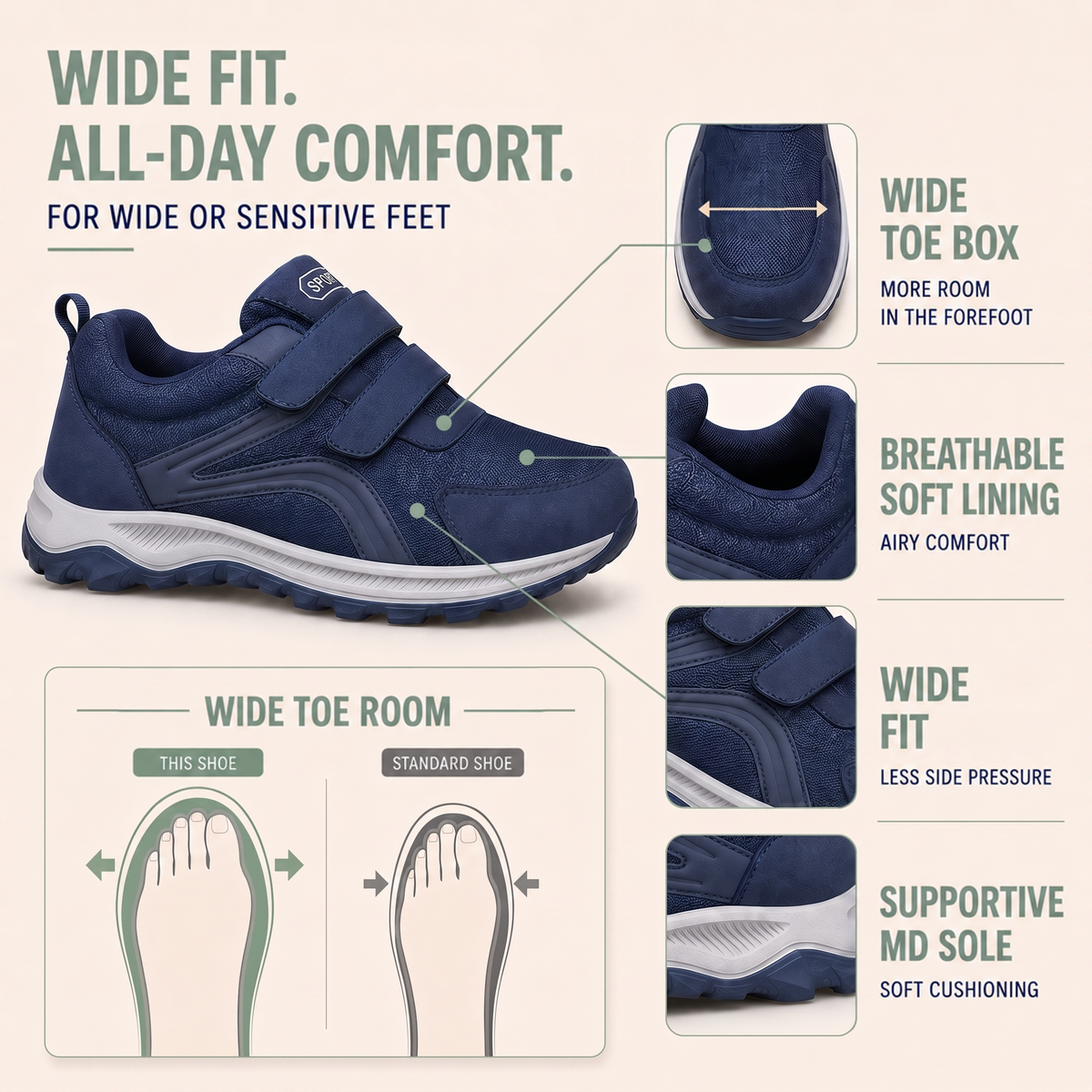 Infographic of the navy shoe showing the roomy toe box, soft lining and a wide versus standard toe-space diagram 3