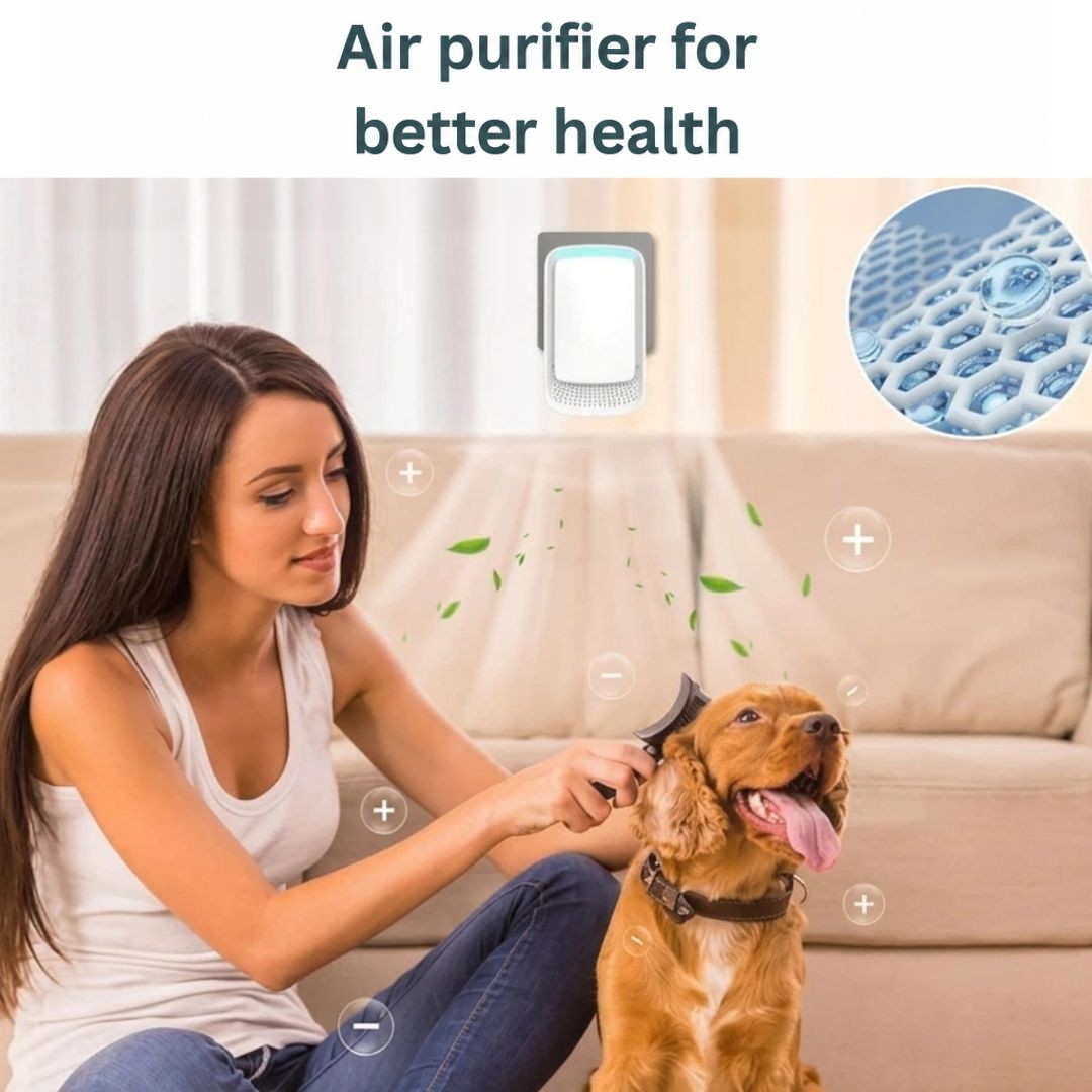 Woman brushing a spaniel on a sofa beneath the plugged-in ioniser, with a close-up of its honeycomb detail 10