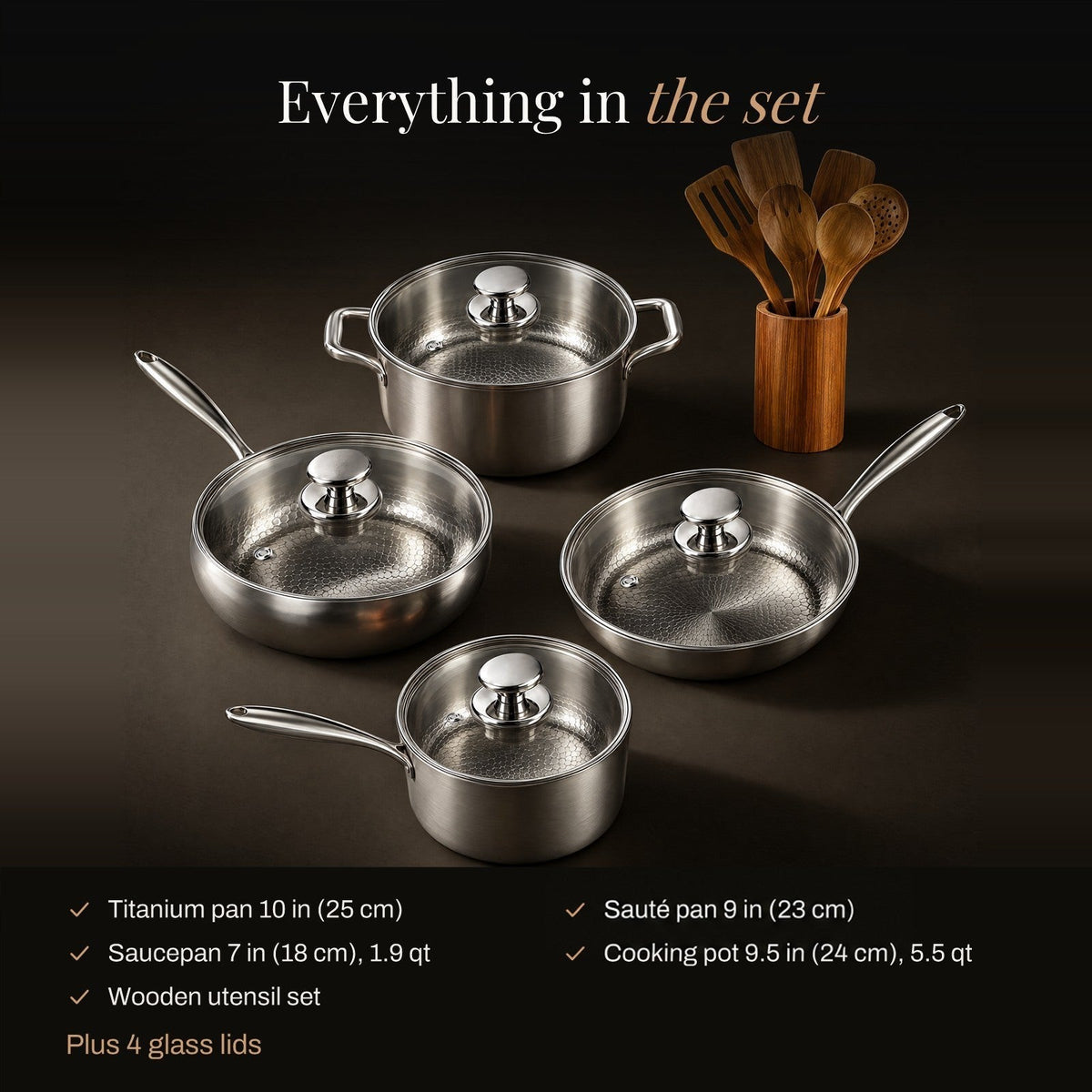 Full set laid out with a checklist of included pieces, sizes and capacities, plus four glass lids 2