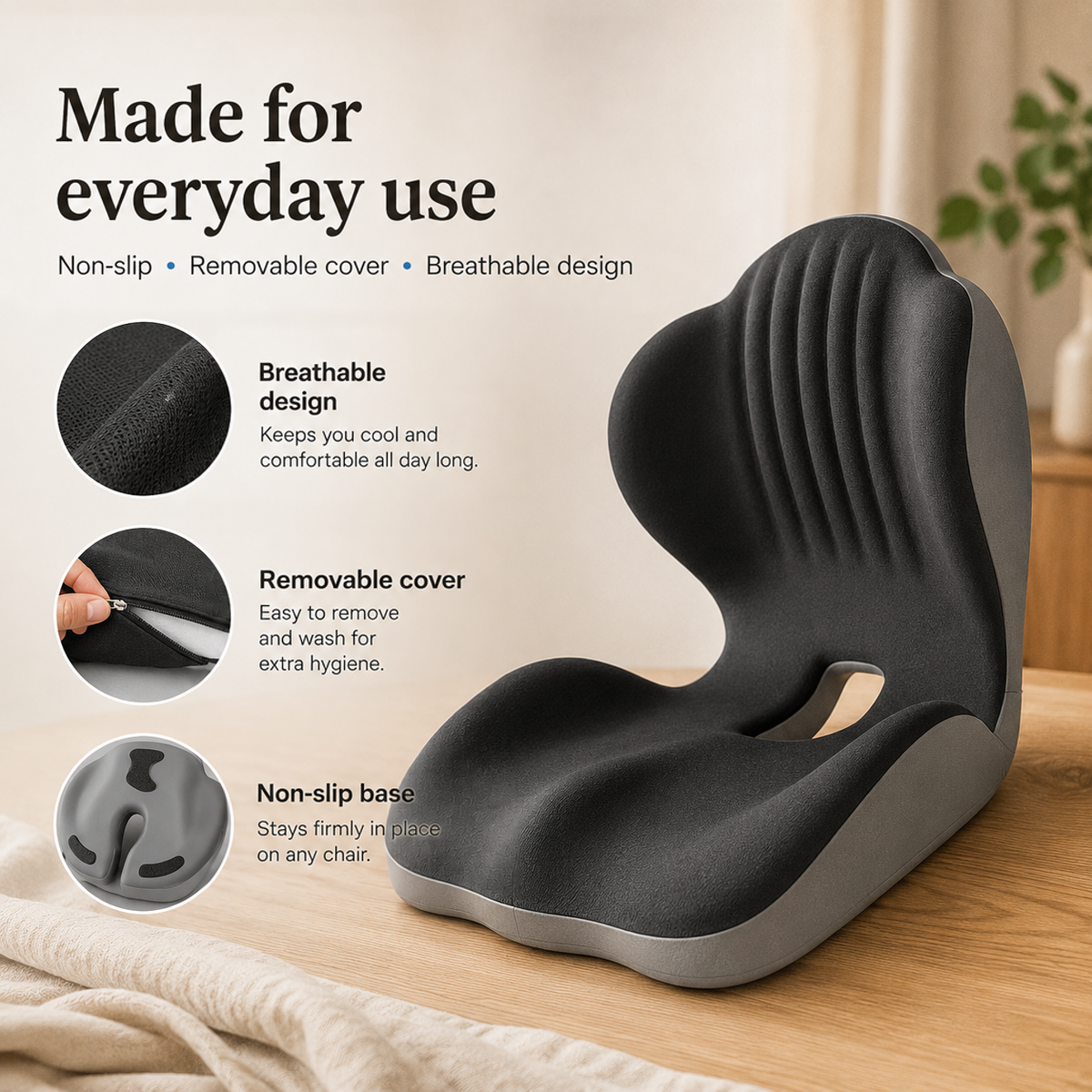 Cushion on a wooden surface with close-ups of breathable fabric, removable zip cover and non-slip base 11