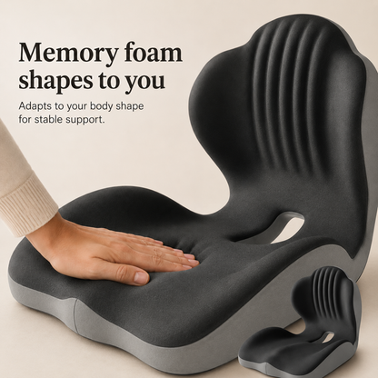Hand pressing into the dark grey memory foam seat, showing how it moulds; small second cushion at corner 3