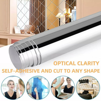 Silver mirror film roll in front of a softly lit living room, with four small circles showing uses beneath. 1