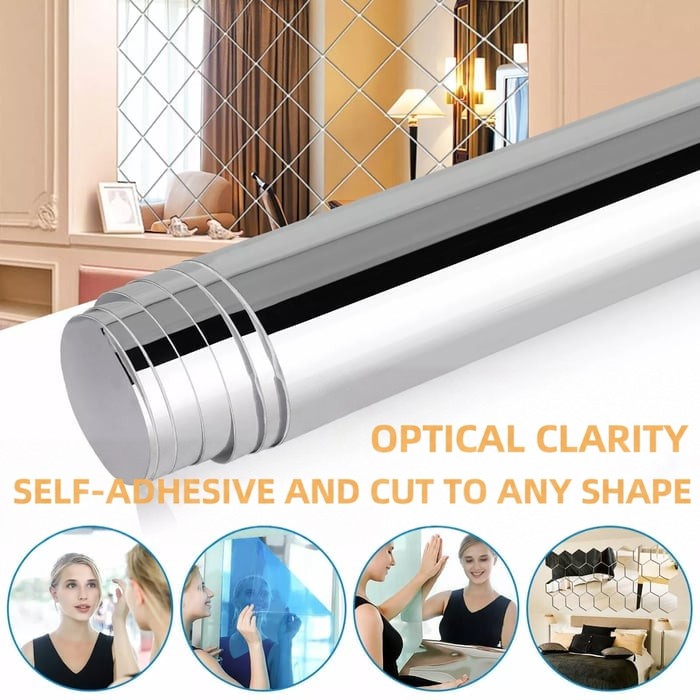 Roll of mirror film in front of a lit living room, with small circles showing uses 2