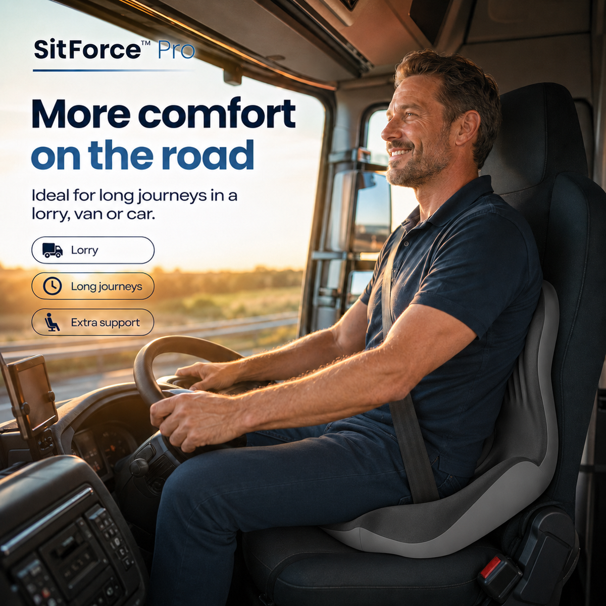 Smiling driver at the wheel of a lorry at sunset, seated on the grey cushion 12