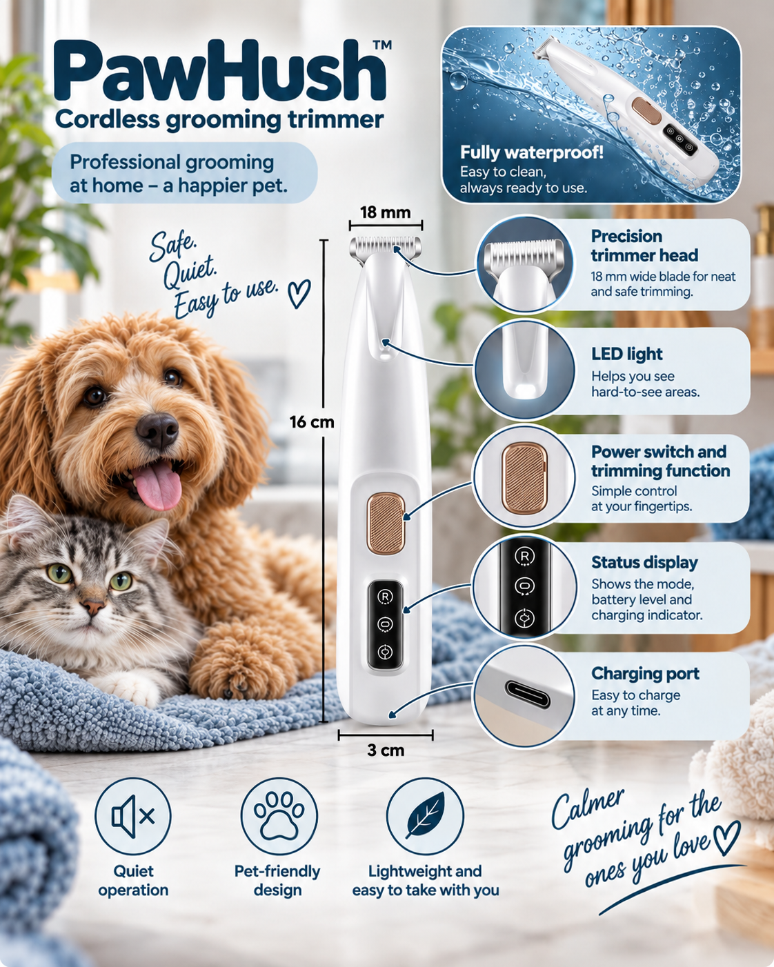 Annotated diagram of the trimmer showing blade, LED light, power button, display, charging port and size 6