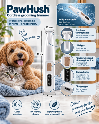 Annotated diagram of the trimmer showing blade, LED light, power button, display, charging port and size 6