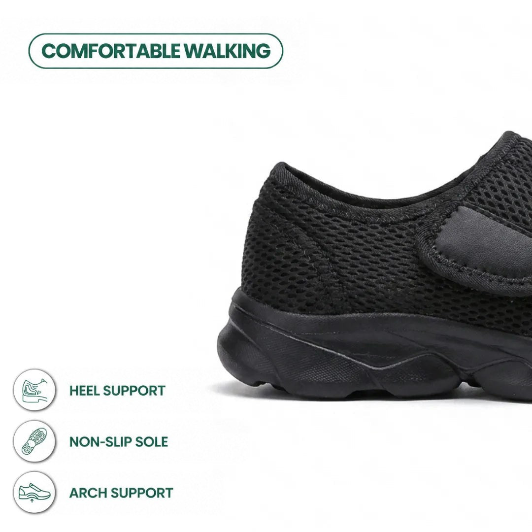Close-up of the black shoe's heel and sole, with icons for heel support, non-slip sole and arch support. 13