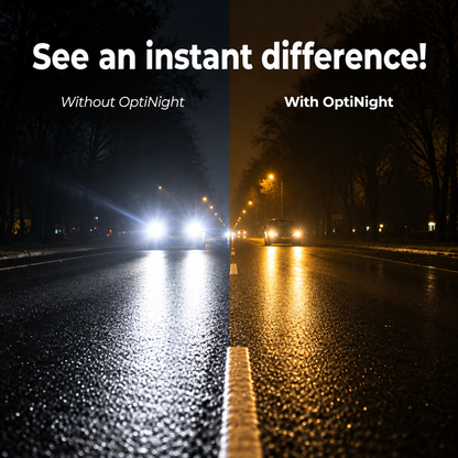 Split night-time road scene comparing dazzling white headlights on the left with a calmer, amber-toned view on the right. 2