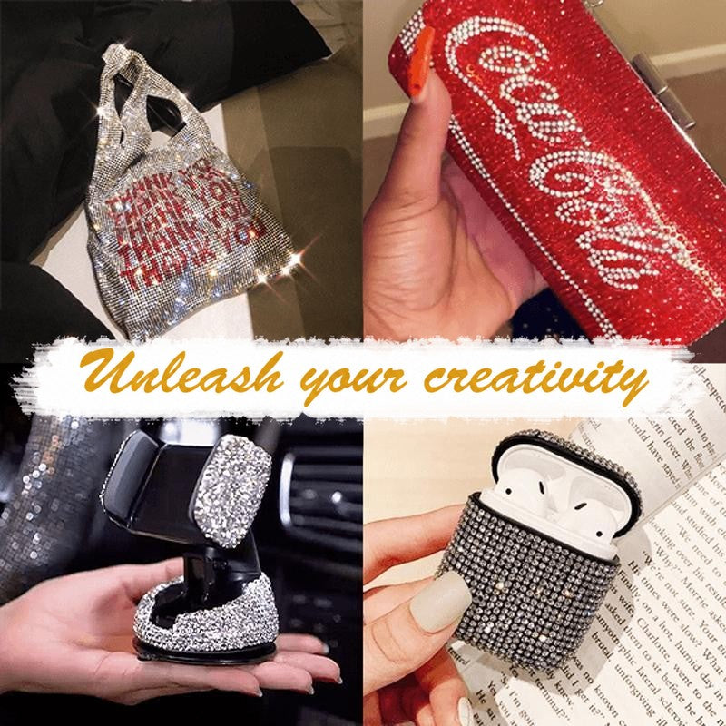 Collage of gem-covered items: a glittering bag, a red clutch, a phone holder and an earbud case 9