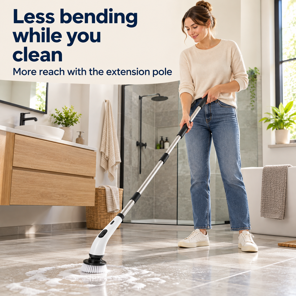 Smiling woman standing upright in a modern bathroom, scrubbing foamy floor tiles using the extension pole 10