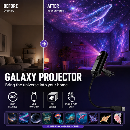 Before-and-after living room transformed by a purple galaxy and whale projection, with ten slide thumbnails below 4