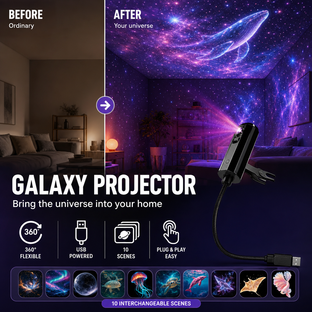 Before-and-after living room with the clip-on projector, a flexible neck and a row of ten slide designs 4