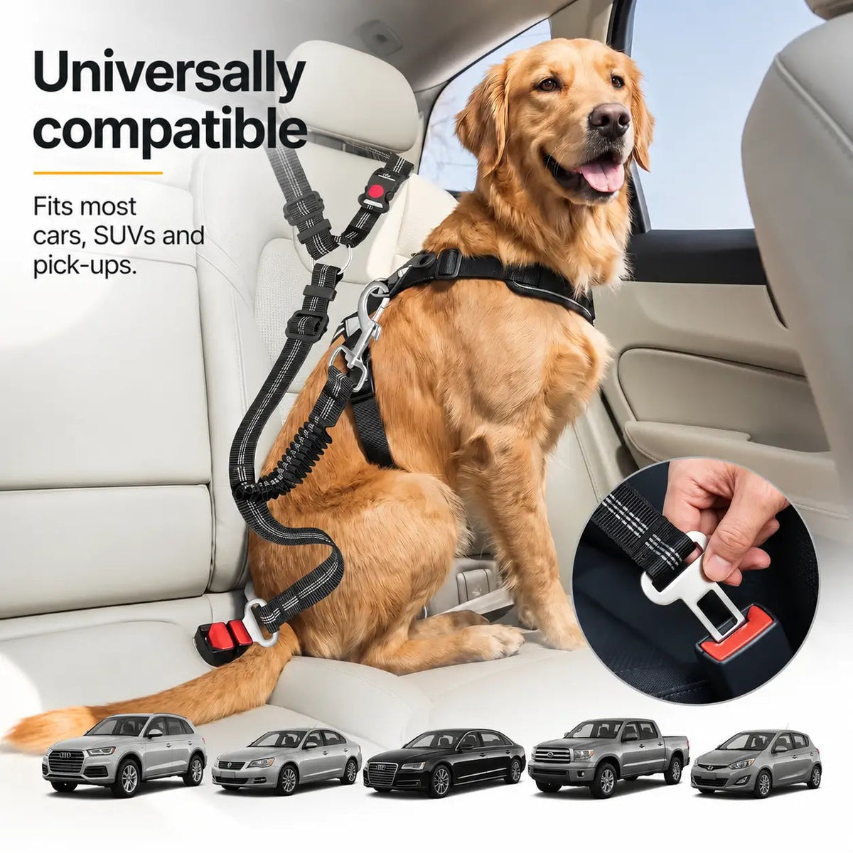 Golden retriever in a harness attached by the strap, with a hand clicking in the clip and five vehicle types below 6