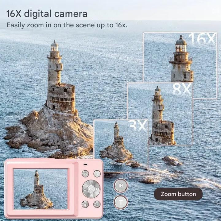 Pink camera screen showing a lighthouse, with example shots comparing 3x, 8x and 16x zoom 10