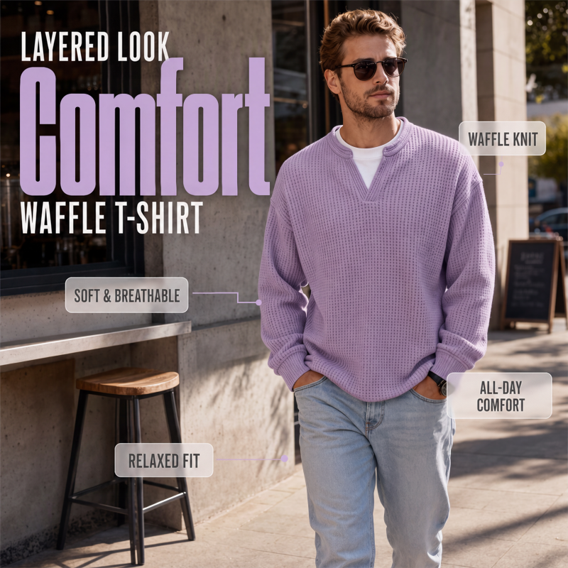 Man in sunglasses walking past a cafe in the lilac waffle knit top with a white tee showing at the V-neck. 1