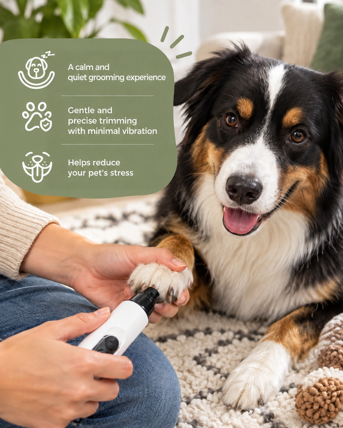 Person trimming the paw of a tricolour dog on a rug, with benefit icons overlaid 3