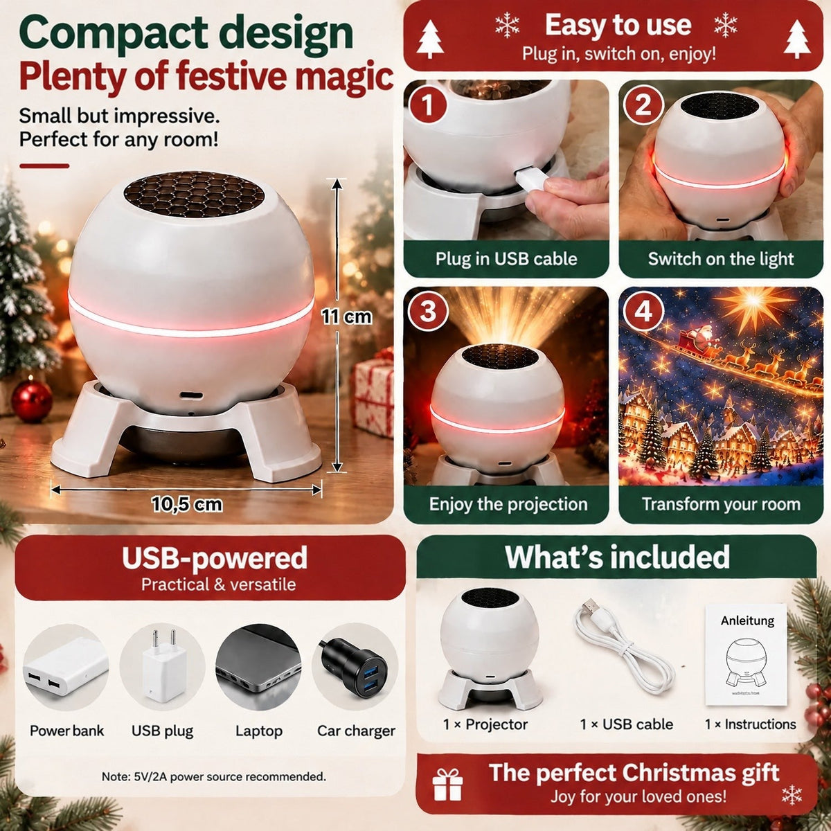 Infographic of the projector's compact size, four setup steps, USB power sources and what comes in the box 5
