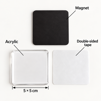 Flat lay of one 5 by 5 cm clear acrylic square, a black magnet sheet and a double-sided adhesive layer 8