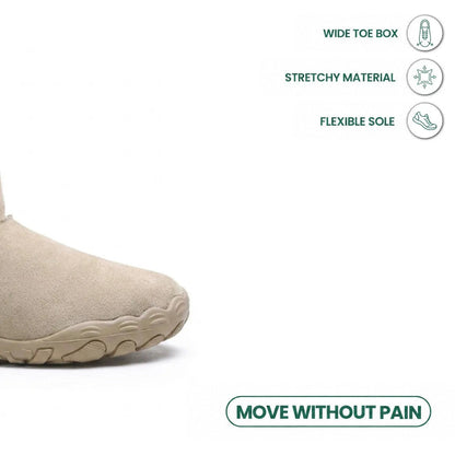 Beige boot toe cropped beside icons for wide toe box, stretchy material and flexible sole 5