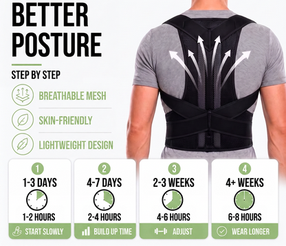 Infographic of a man's back in the black brace with upward arrows and a four-step schedule for gradually increasing wearing time. 4
