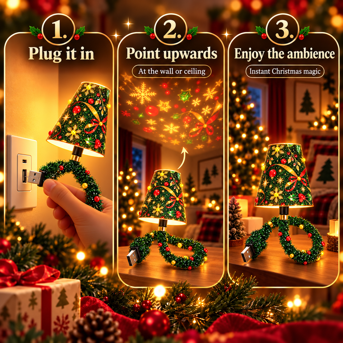 Three-step panel showing the lamp being plugged into a wall socket, aimed upwards at the ceiling, then left on a table. 3