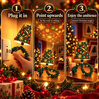 Three-step panel showing the lamp being plugged into a wall socket, aimed upwards at the ceiling, then left on a table. 3
